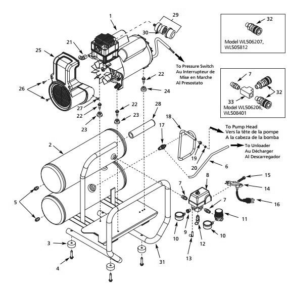 Tank Parts Diagram and Parts List for WL506206  Campbell Hausfeld Compressor
